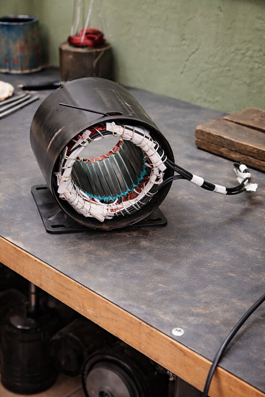 Motor elétrico com fiação na oficina